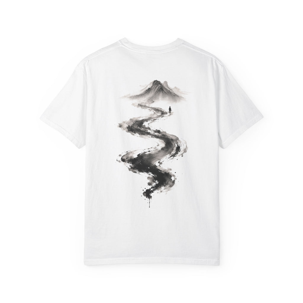 Silence River Zen T-Shirt — Minimalist Mountain Ink-Brush Tee
