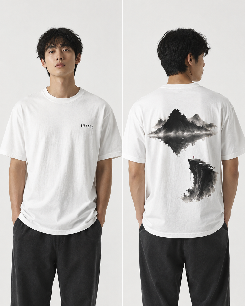 Abyss Cliff Ink Tee | Chinese Mountain Waterfall Temple Art Streetwear T-Shirt | Oversized Minimal Zen Aesthetic Shirt NOIRELITH