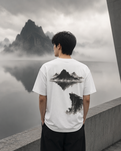 Abyss Cliff Ink Tee | Chinese Mountain Waterfall Temple Art Streetwear T-Shirt | Oversized Minimal Zen Aesthetic Shirt NOIRELITH