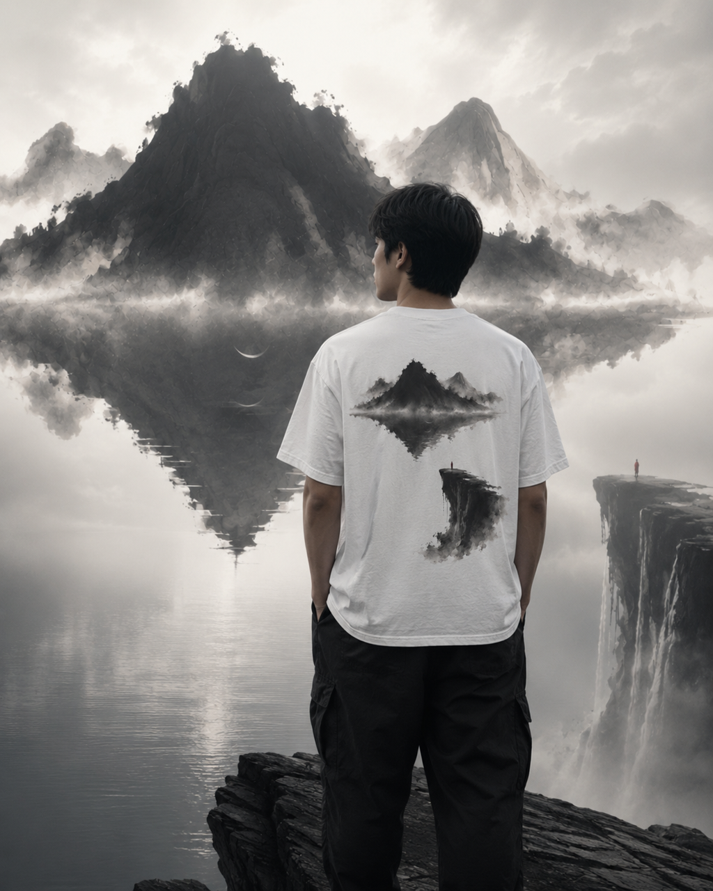 Abyss Cliff Ink Tee | Chinese Mountain Waterfall Temple Art Streetwear T-Shirt | Oversized Minimal Zen Aesthetic Shirt NOIRELITH