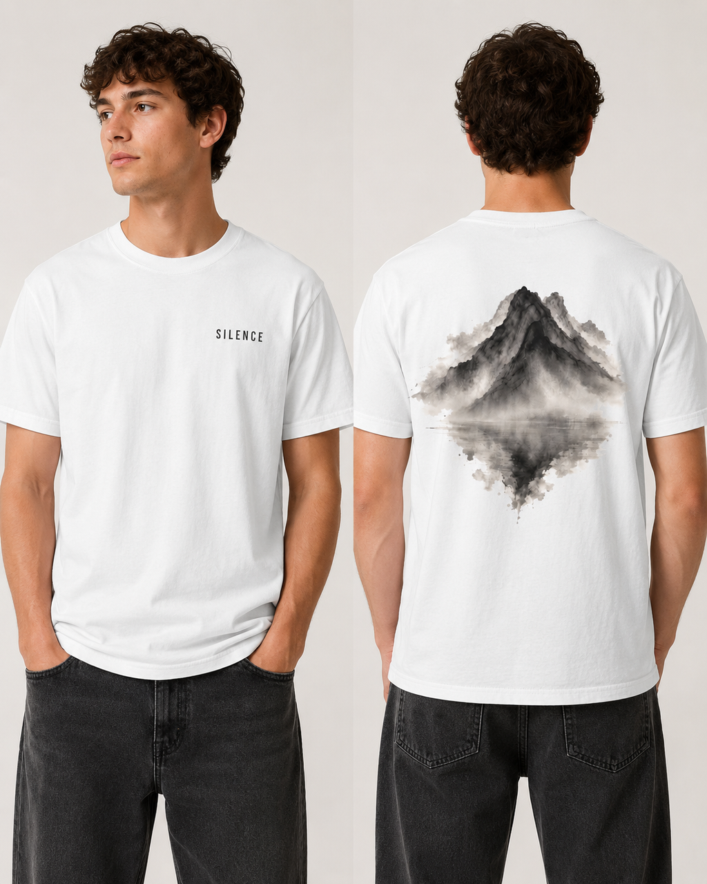 Silent Reflection Oversized Tee | Chinese Ink Mountain & Lake Art | Zen Minimal Streetwear | NOIRELITH