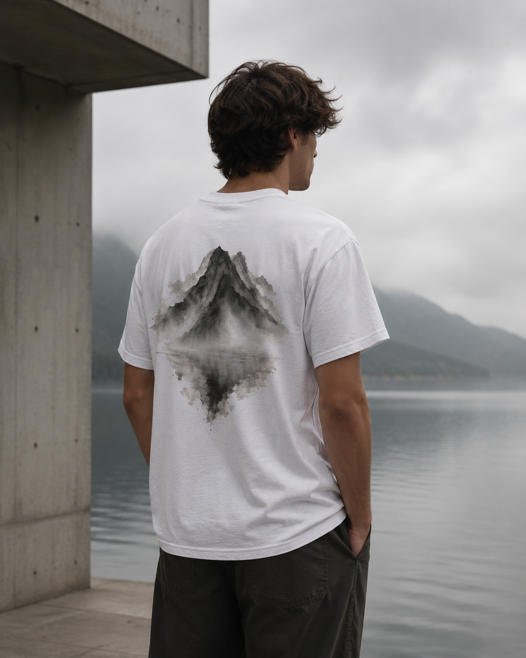 Silent Reflection Oversized Tee | Chinese Ink Mountain & Lake Art | Zen Minimal Streetwear | NOIRELITH