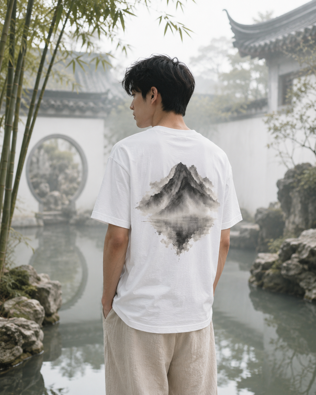 Silent Reflection Oversized Tee | Chinese Ink Mountain & Lake Art | Zen Minimal Streetwear | NOIRELITH