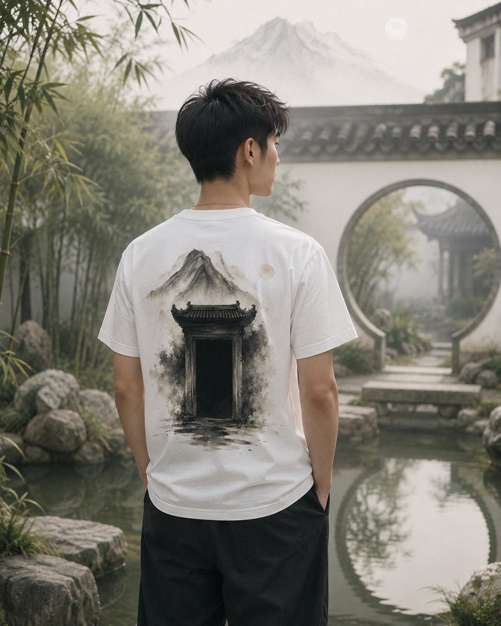 Chinese Ink Temple Oversized Tee | Silent Gate Zen Streetwear Shirt | NOIRELITH