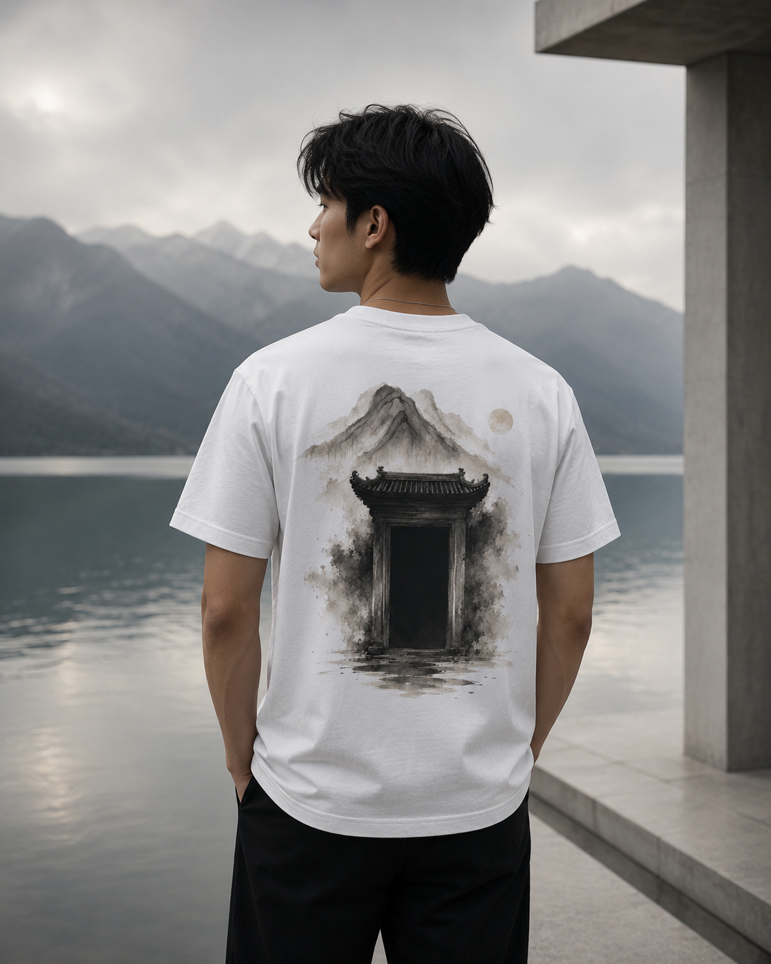 Chinese Ink Temple Oversized Tee | Silent Gate Zen Streetwear Shirt | NOIRELITH
