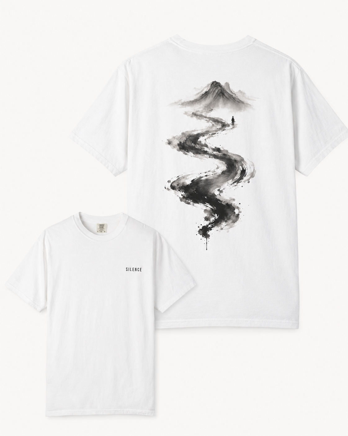 Silence River Zen T-Shirt — Minimalist Mountain Ink-Brush Tee