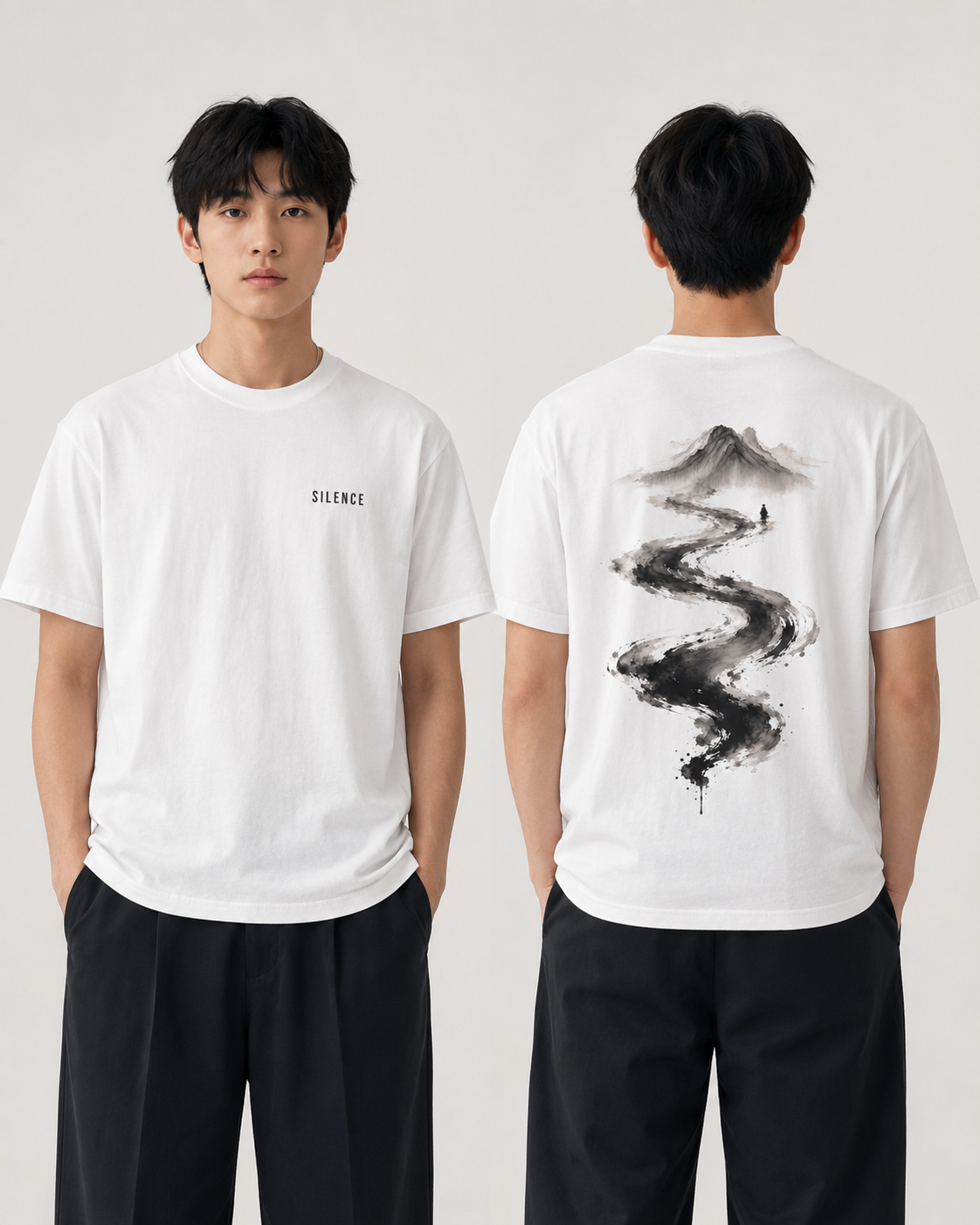 Silence River Zen T-Shirt — Minimalist Mountain Ink-Brush Tee