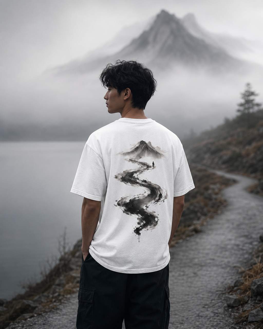 Silence River Zen T-Shirt — Minimalist Mountain Ink-Brush Tee