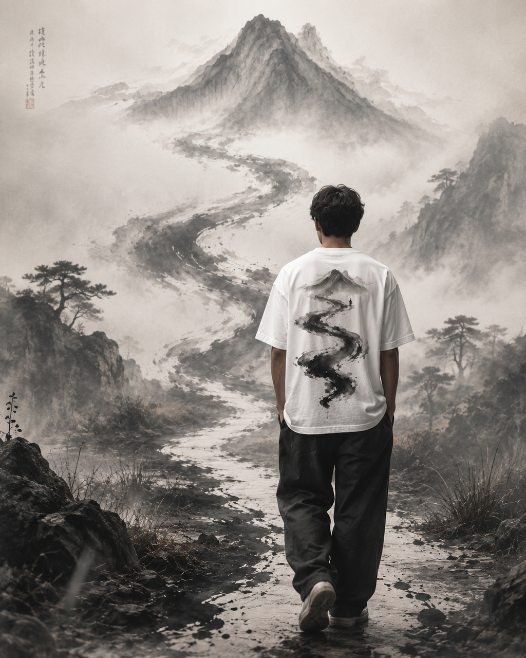 Silence River Zen T-Shirt — Minimalist Mountain Ink-Brush Tee