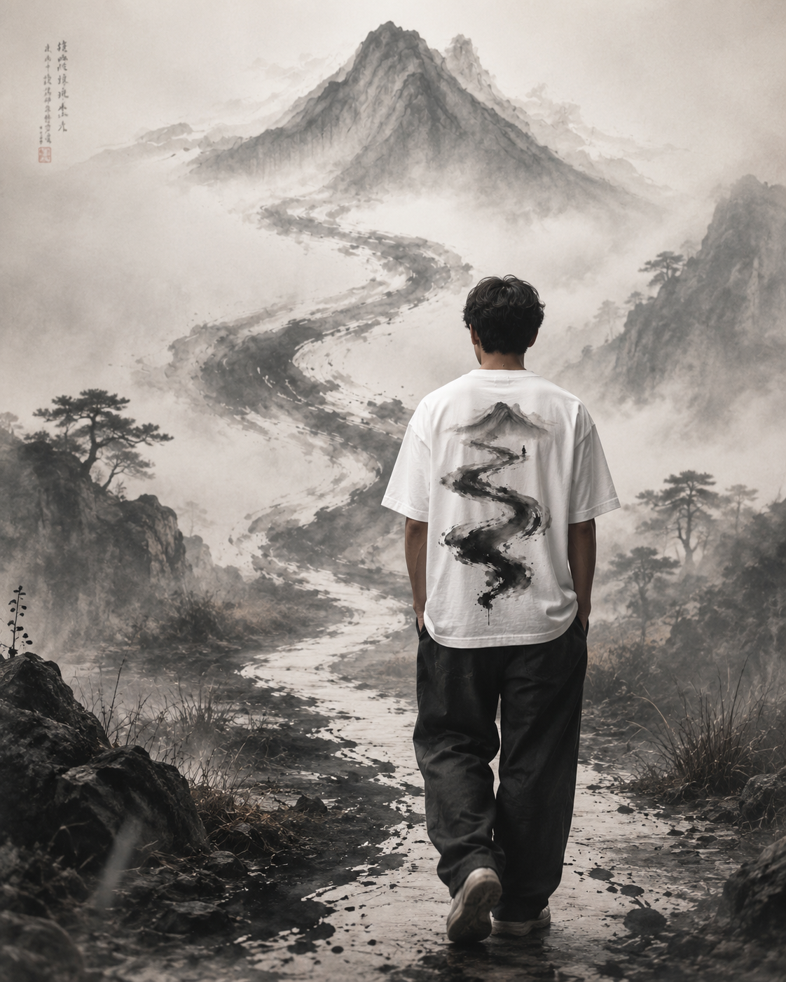 Silence River Zen T-Shirt — Minimalist Mountain Ink-Brush Tee