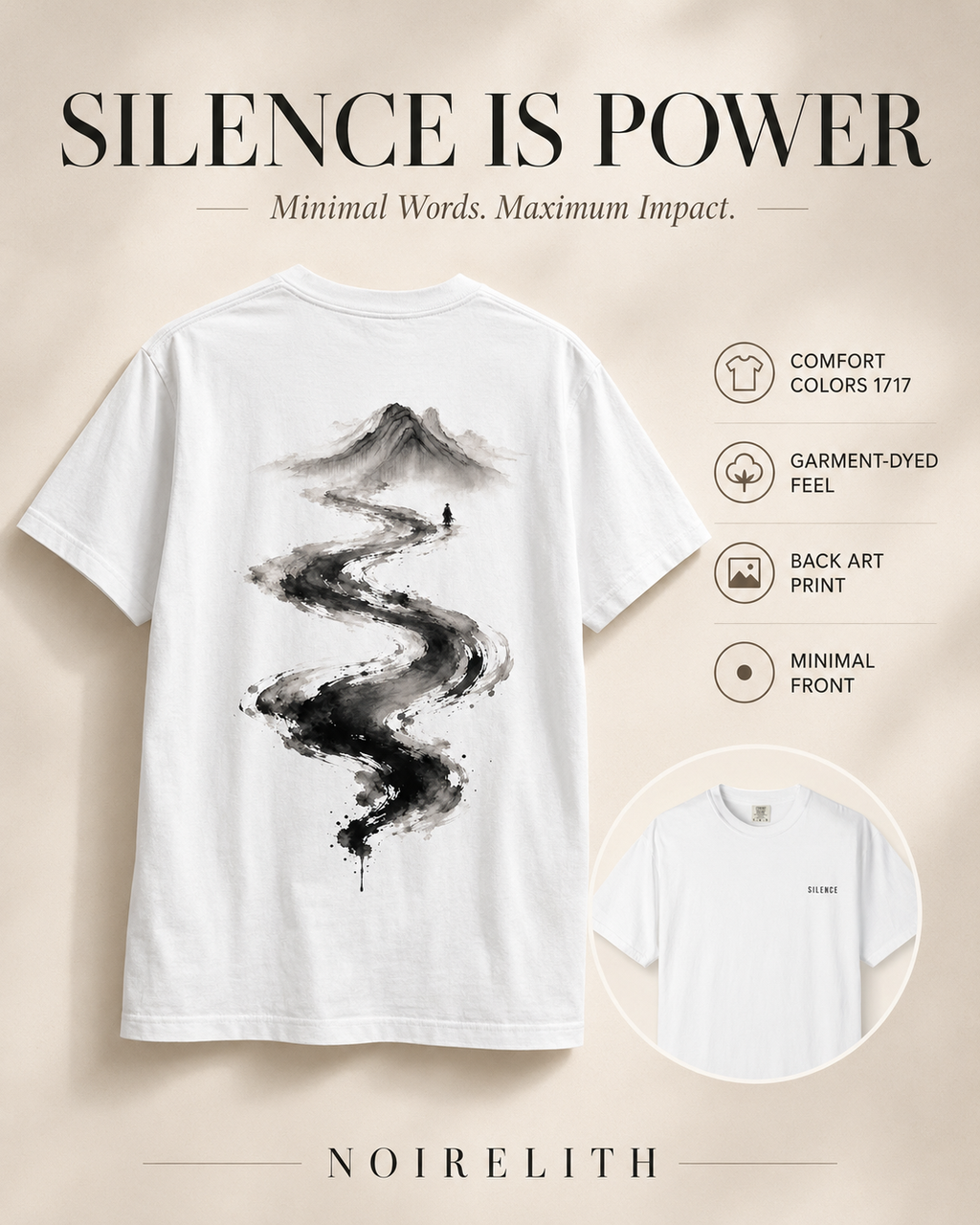 Silence River Zen T-Shirt — Minimalist Mountain Ink-Brush Tee